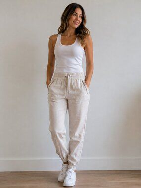 Athleta Linen Blend Jogger Pants Beige Size 8 Zip Pocket